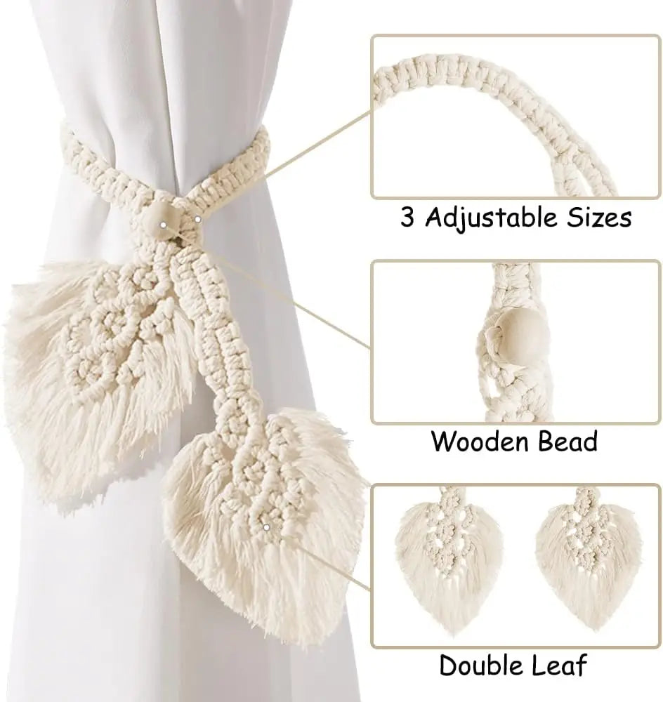 🌿🤍 Handwoven Cotton Curtain Tiebacks with Wooden Beads – Boho Farmhouse Holdbacks