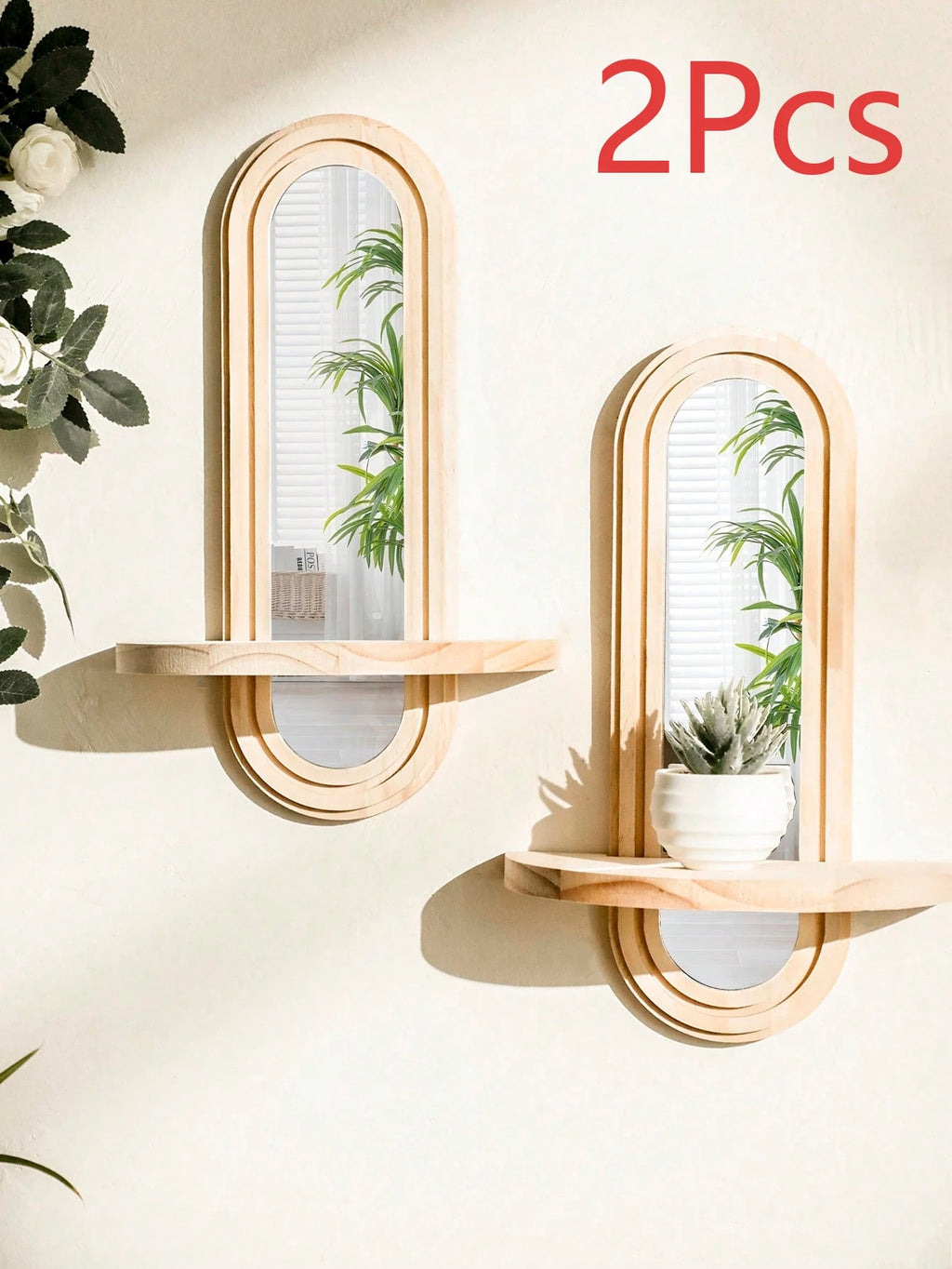 🌿🪞🤍 Boho Wooden Wall Shelf with Mirror – Natural Wood Floating Display Shelf