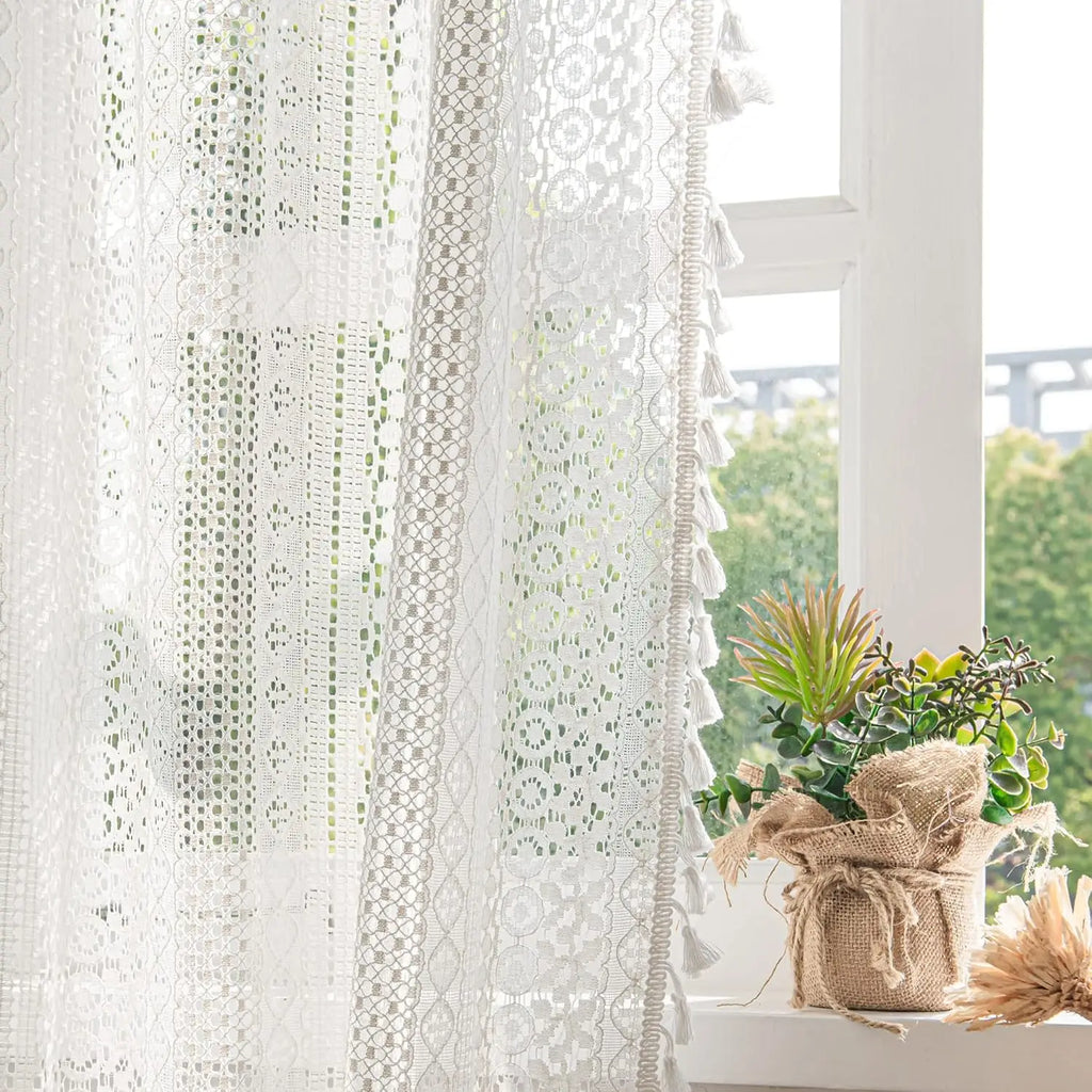 🌿🤍 Boho Lace Café Curtain – Tassel Short Window Curtain with Circular Pattern