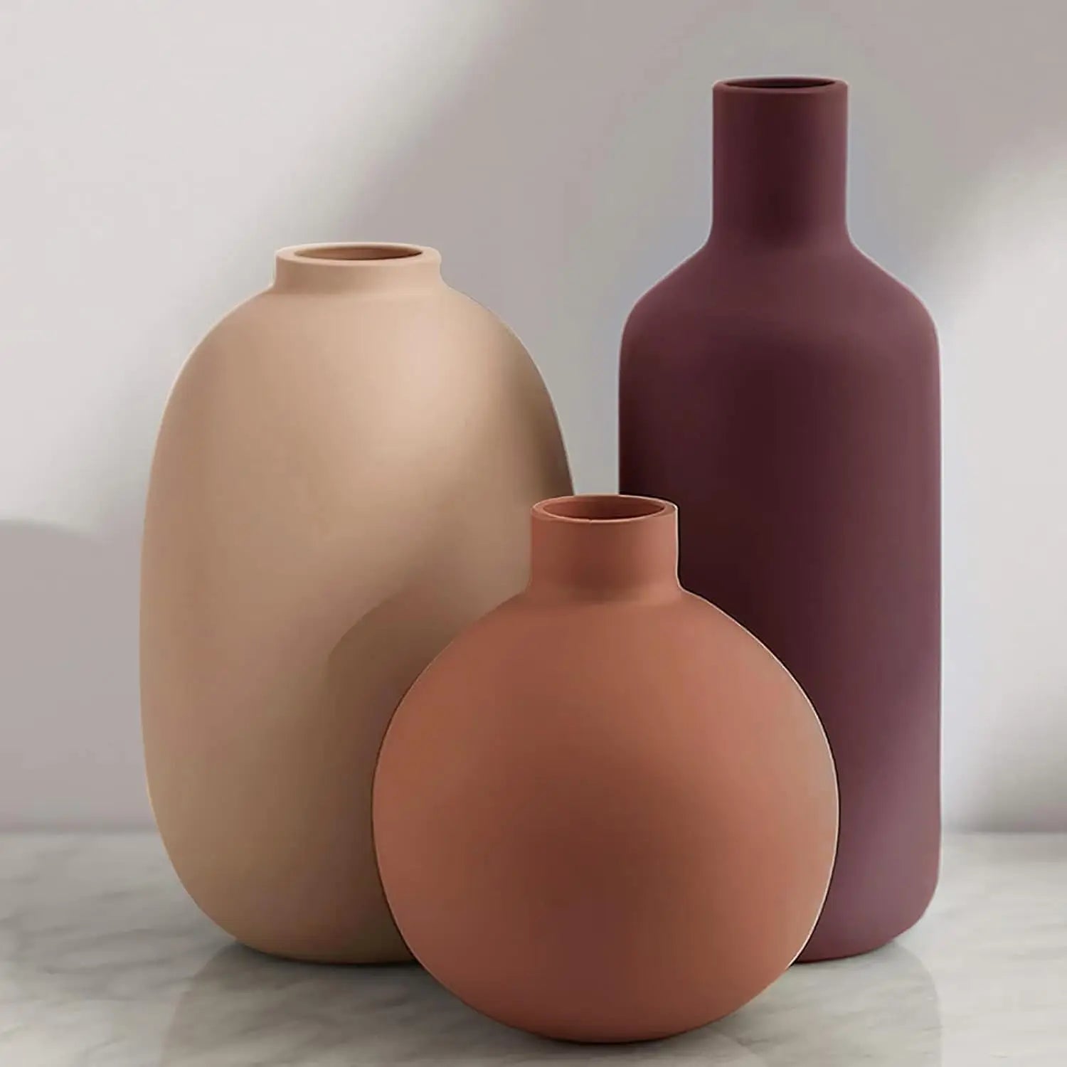 Boho Terracotta Vase Set – 3-Piece Ceramic Decorative Vases for Modern Farmhouse Home Décor