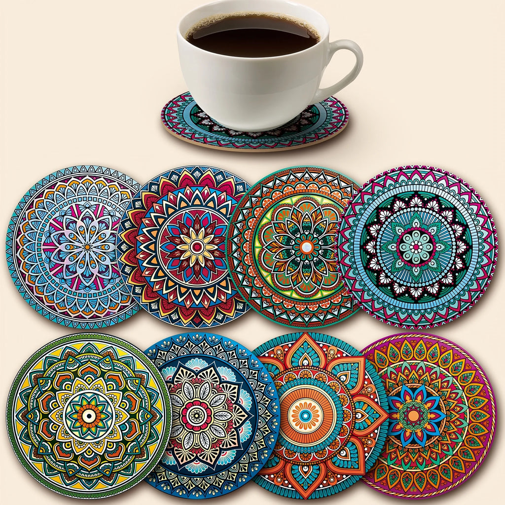 ✨ Wooden Mandala Coaster Set – Boho Drink Coasters for Home & Entertaining (Set of 8)