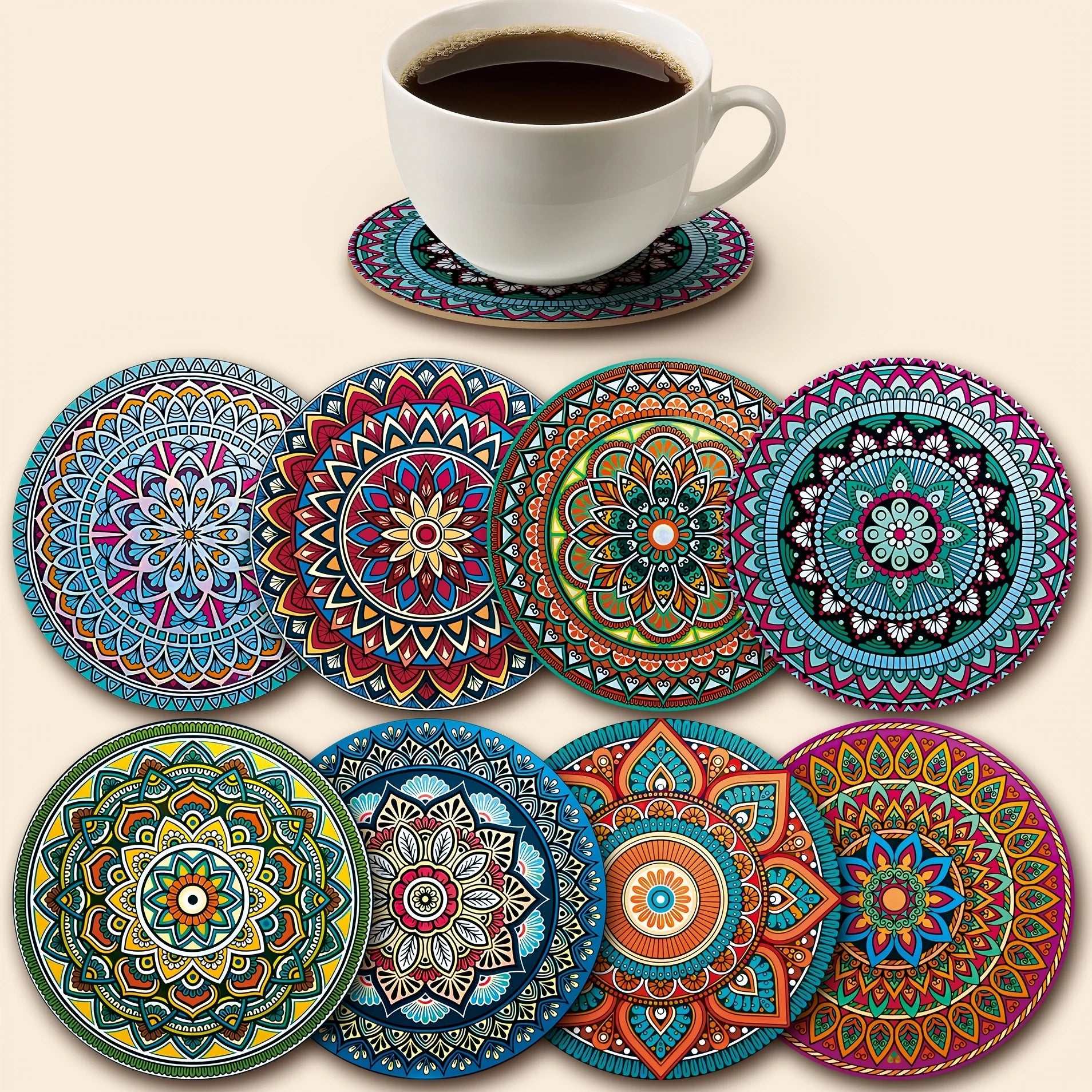 ✨ Wooden Mandala Coaster Set – Boho Drink Coasters for Home & Entertaining (Set of 8)
