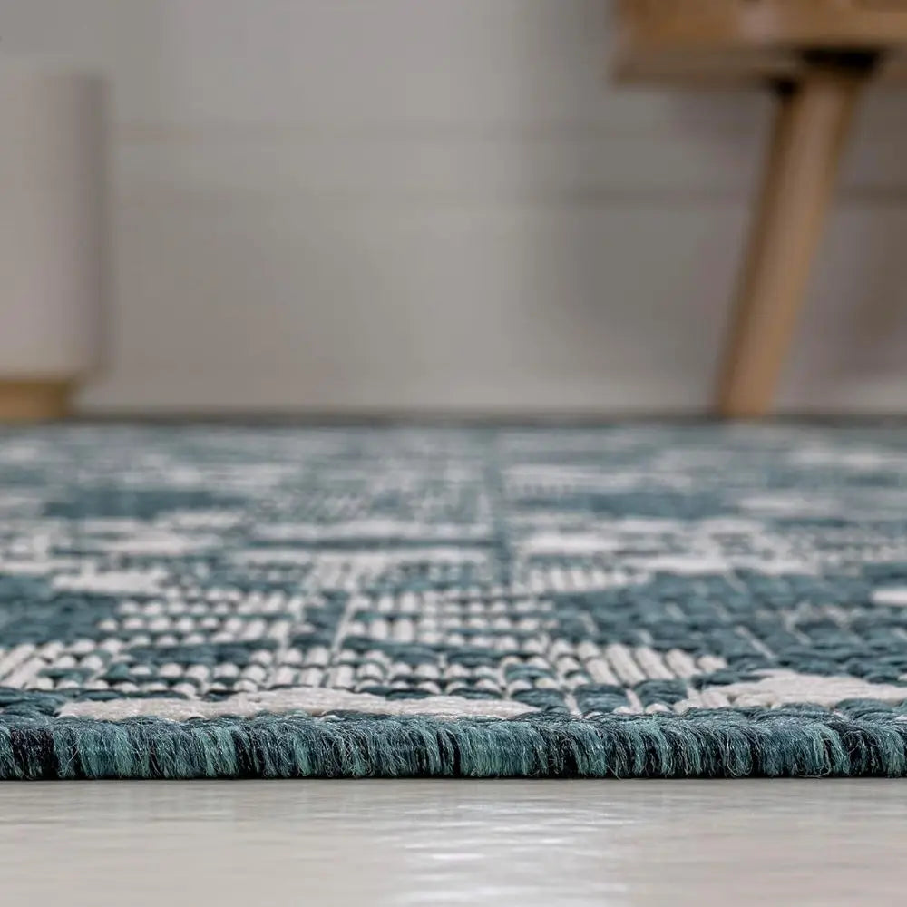 💙🌿 Mediterranean Tile Indoor/Outdoor Area Rug – Turquoise & Cream Patio Carpet