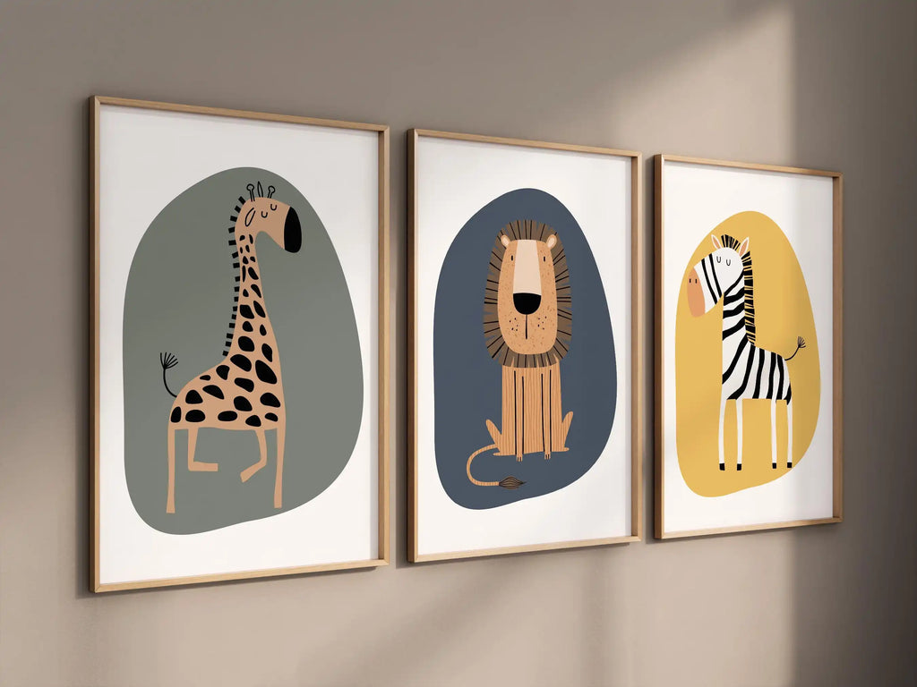 🦁🦒🐘🤍 Boho Safari Animal Nursery Wall Art – Watercolor Canvas Print Set (Set of 3)