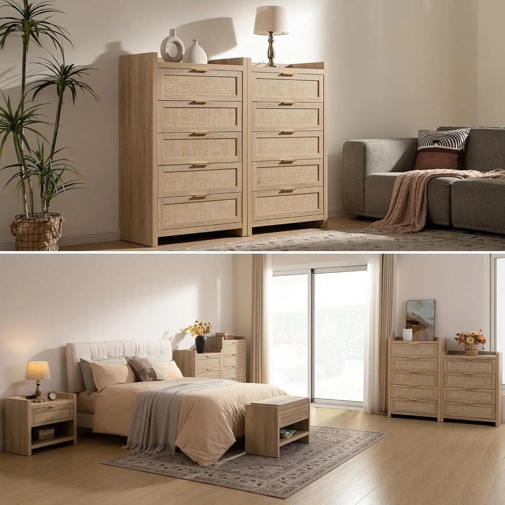 🌿🤍 Boho Rattan 5-Drawer Dresser – Farmhouse Bedroom Storage Chest