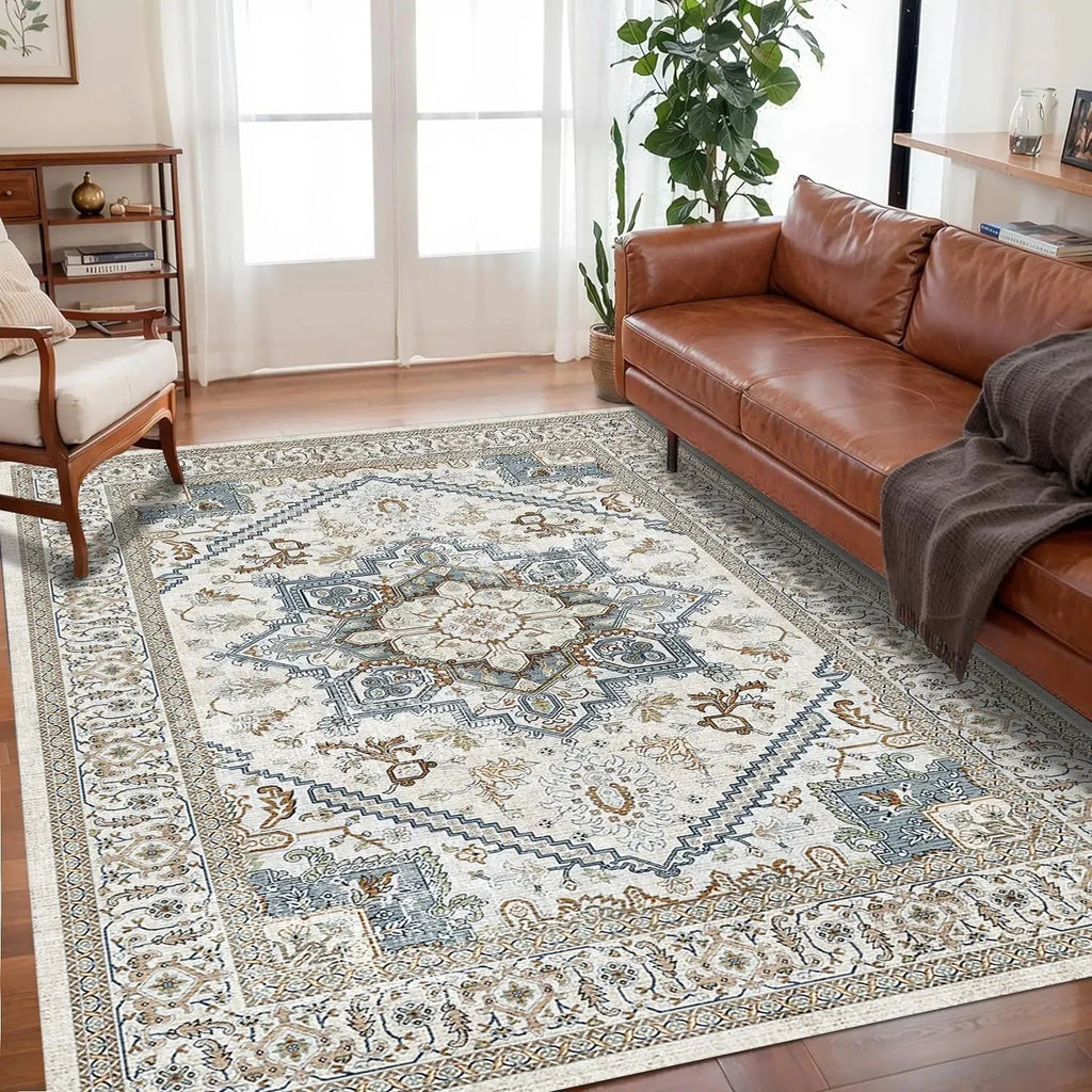 🌿🤍 Boho Non-Slip Area Rug – Soft Easy-Care Living Room & Bedroom Carpet