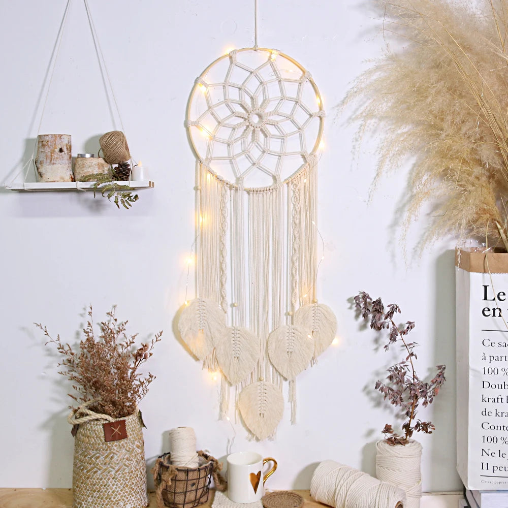 🌿🍃🤍 Boho Macramé Dream Catcher – Handwoven Leaf Wall Hanging