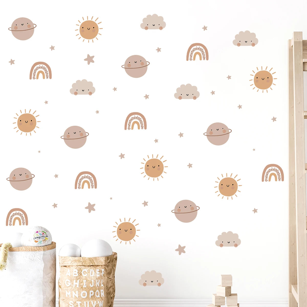 🌈☀️🤍 Boho Rainbow & Sun Wall Decals – Peel & Stick Nursery Wall Art (Set of 3)