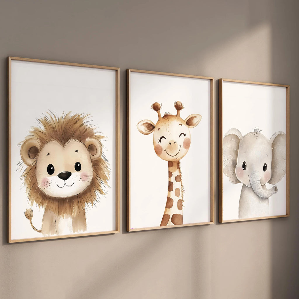🦁🦒🐘🤍 Boho Safari Animal Nursery Wall Art – Watercolor Canvas Print Set (Set of 3)