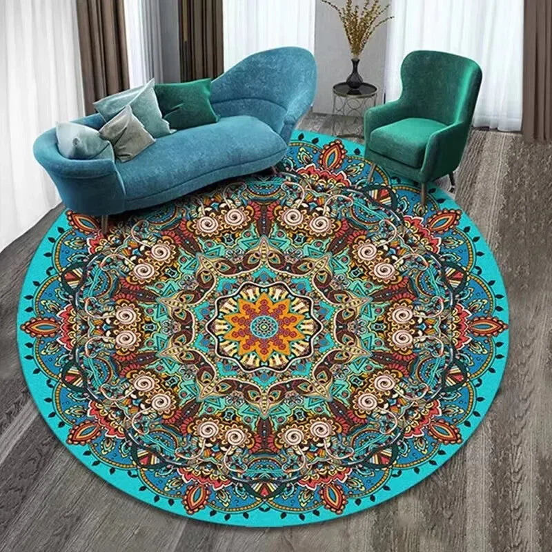 Boho Round Area Rug – Decorative Floor Mat for Living Room & Bedroom