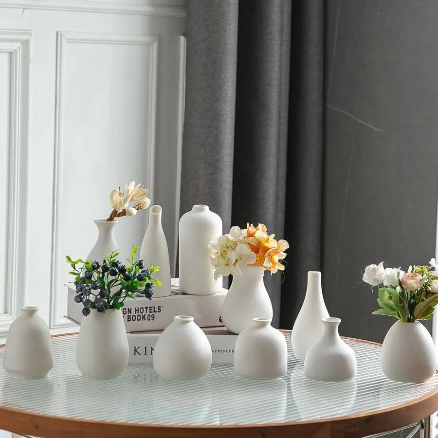11-Piece White Ceramic Bud Vase Set – Modern Boho Home Décor