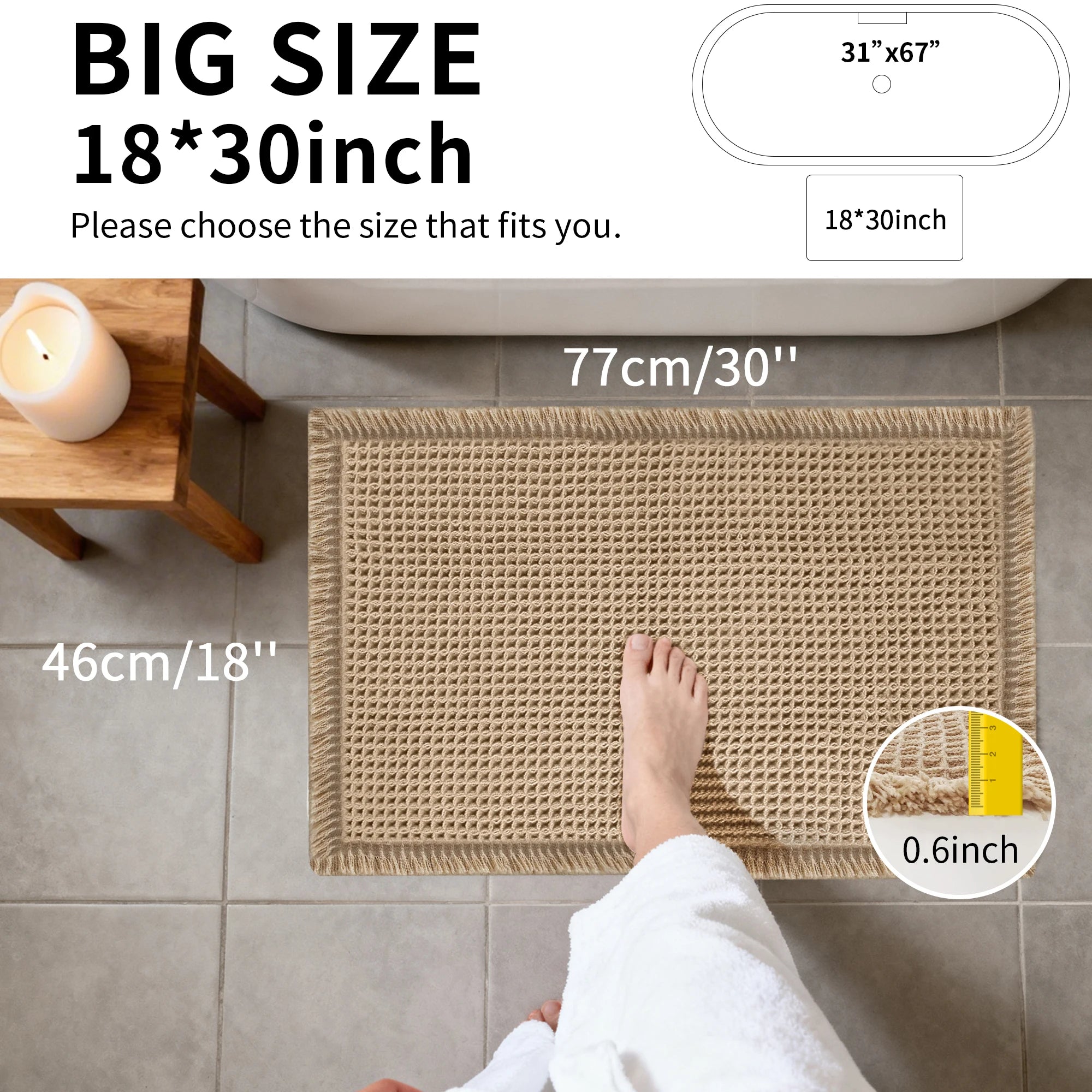 🛁🌿🤍 Boho Waffle Bath Mat – Ultra-Absorbent Non-Slip Bathroom Rug