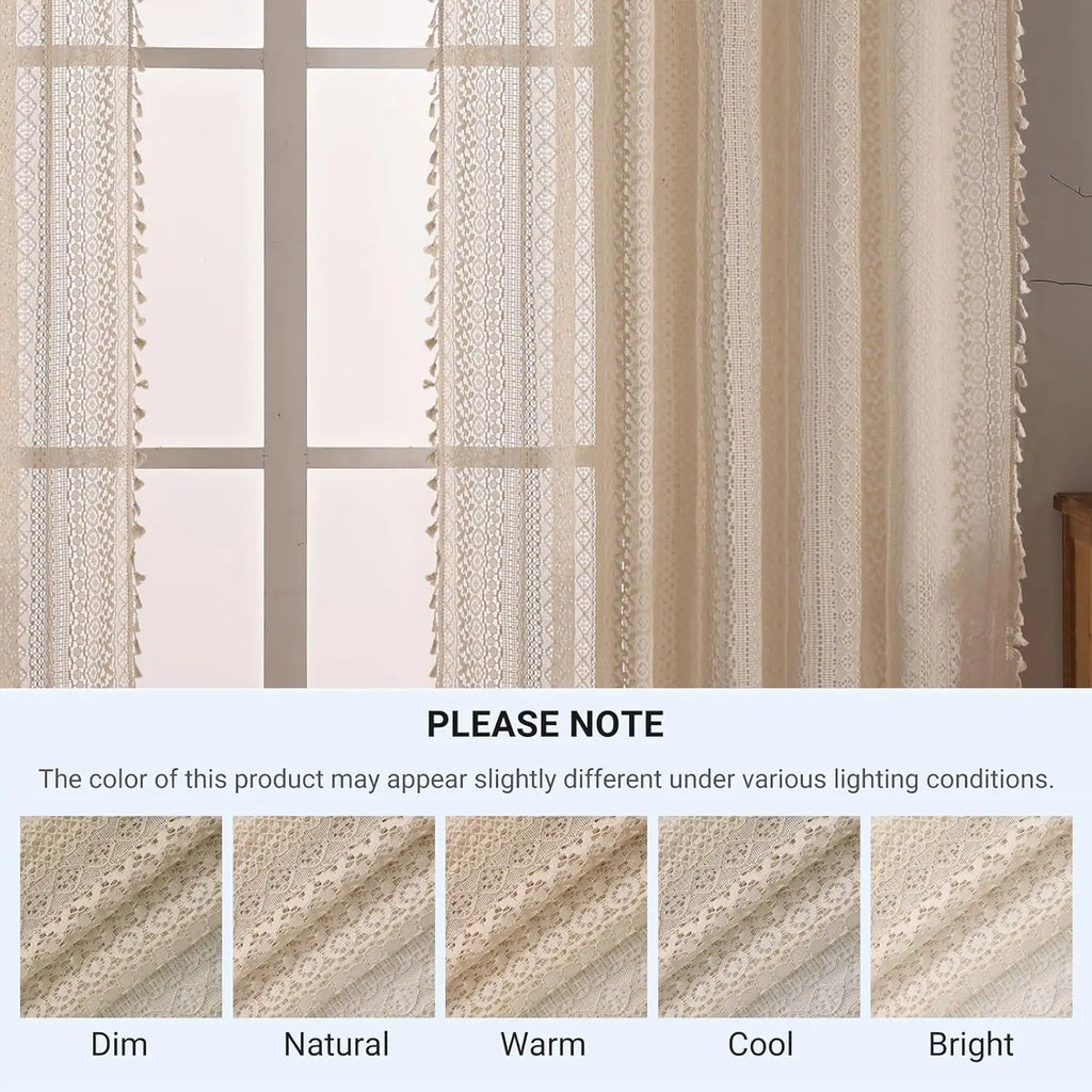 🌿🤍 Boho Tassel Sheer Curtains – Vintage Geometric Voile Window Panels