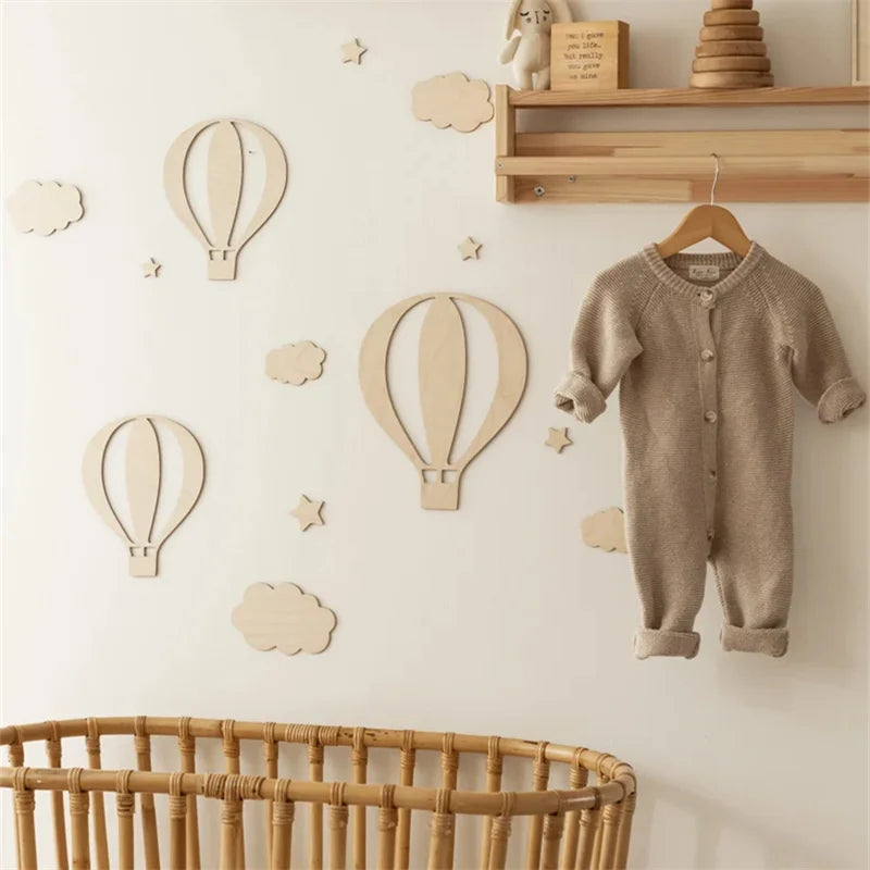 ☁️🎈 Wooden Hot Air Balloon Wall Décor Set – Nursery & Kids Room Wall Art (13 Pieces)