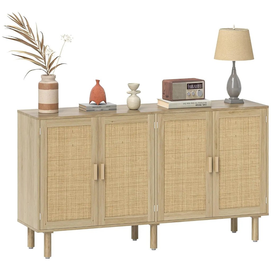 🌿🤍 Boho Rattan Sideboard Cabinet – Farmhouse Coffee Bar & Storage Console