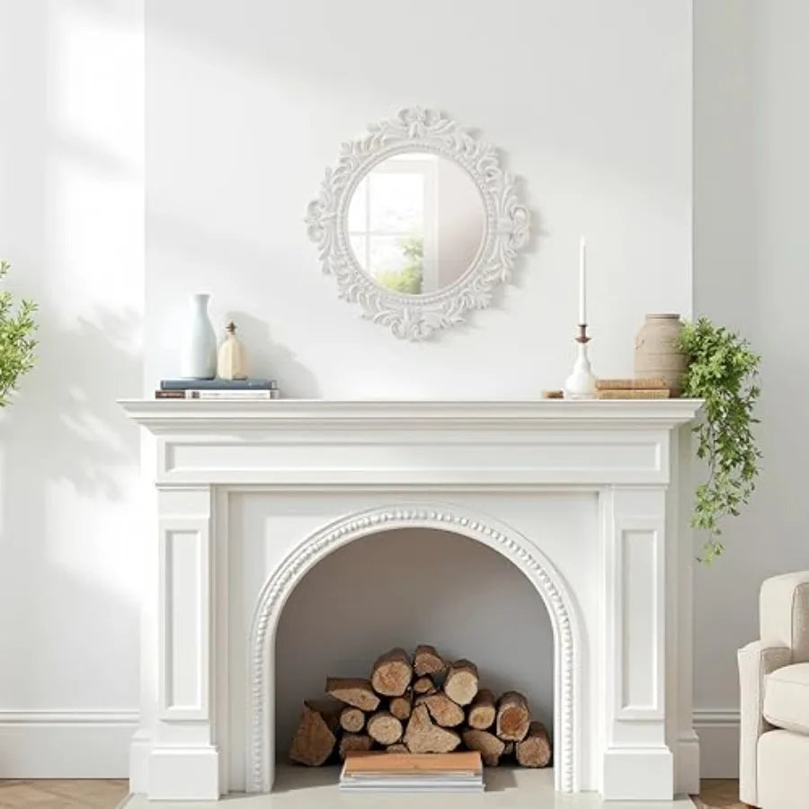 Vintage White Fleur-De-Lis Wall Mirror – Distressed Round Wood Accent Mirror