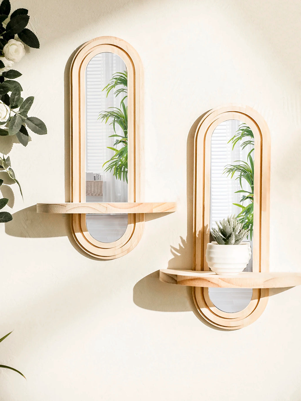 🌿🪞🤍 Boho Wooden Wall Shelf with Mirror – Natural Wood Floating Display Shelf
