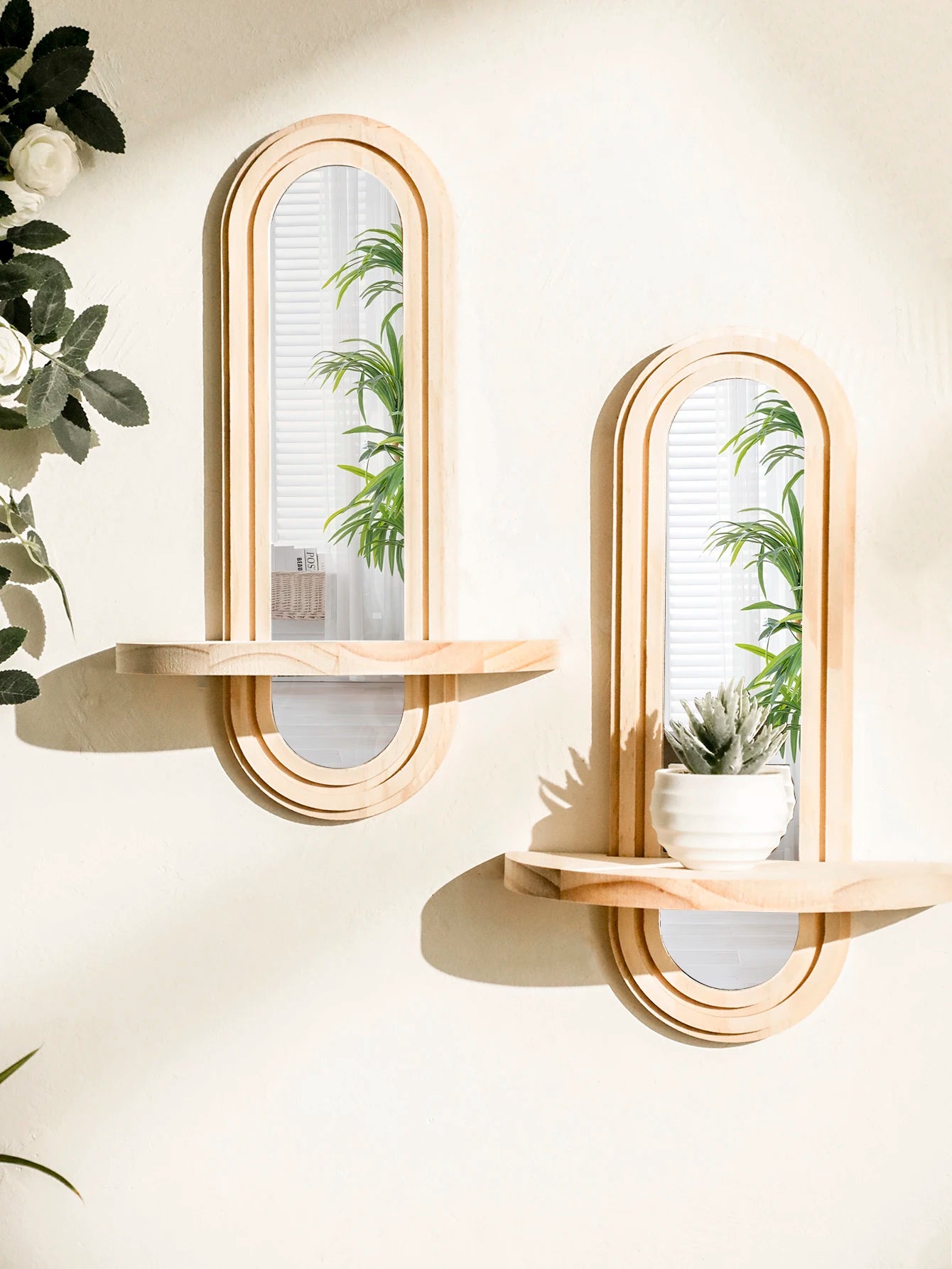 🌿🪞🤍 Boho Wooden Wall Shelf with Mirror – Natural Wood Floating Display Shelf