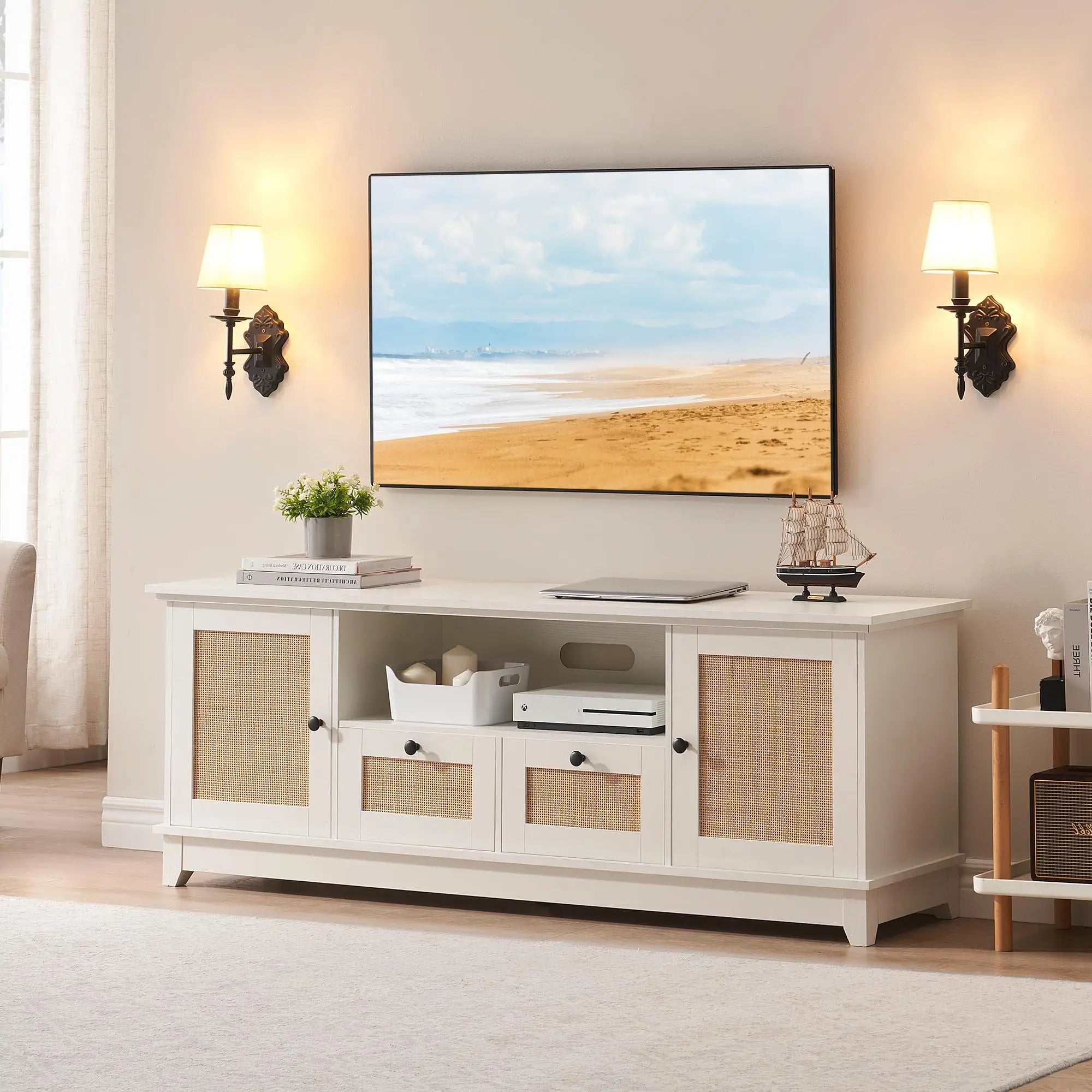 🌿🤍 Boho Rattan TV Stand – Entertainment Console with Storage for 65–75" TVs