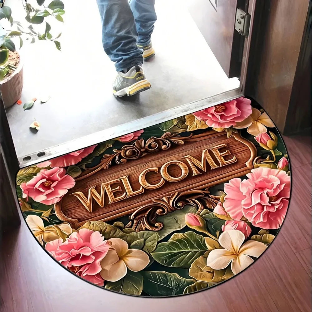 🌸🤍 Boho Half-Moon Doormat – Washable Non-Slip Entryway Rug