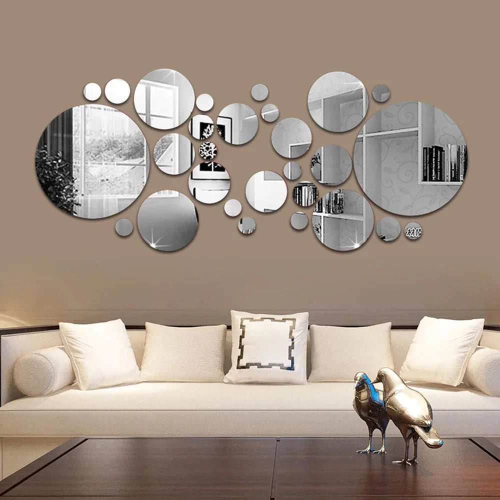 Round Acrylic Mirror Wall Décor Set – 26-Piece 3D Reflective Wall Art