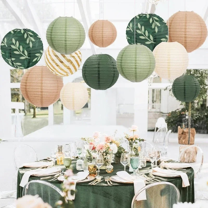 🌿🏮🤍 Boho Sage Green Paper Lantern Set – Hanging Party Décor (Set of 6)