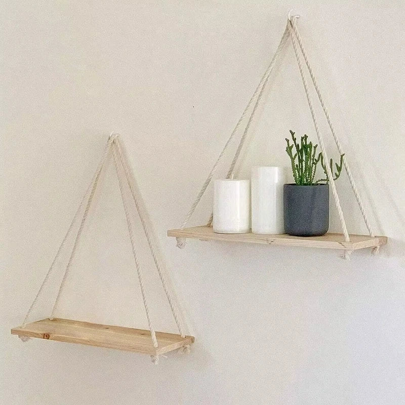 🌿 Boho Hanging Rope Shelf – Floating Wooden Wall Shelf for Plants & Home Décor