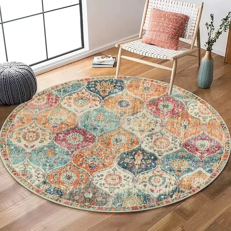 Boho Round Area Rug – Decorative Floor Mat for Living Room & Bedroom