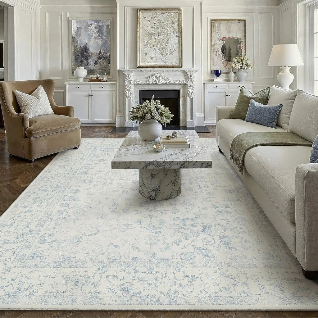💙🌿 Vintage Floral Area Rug – Washable Traditional Boho Accent Carpet