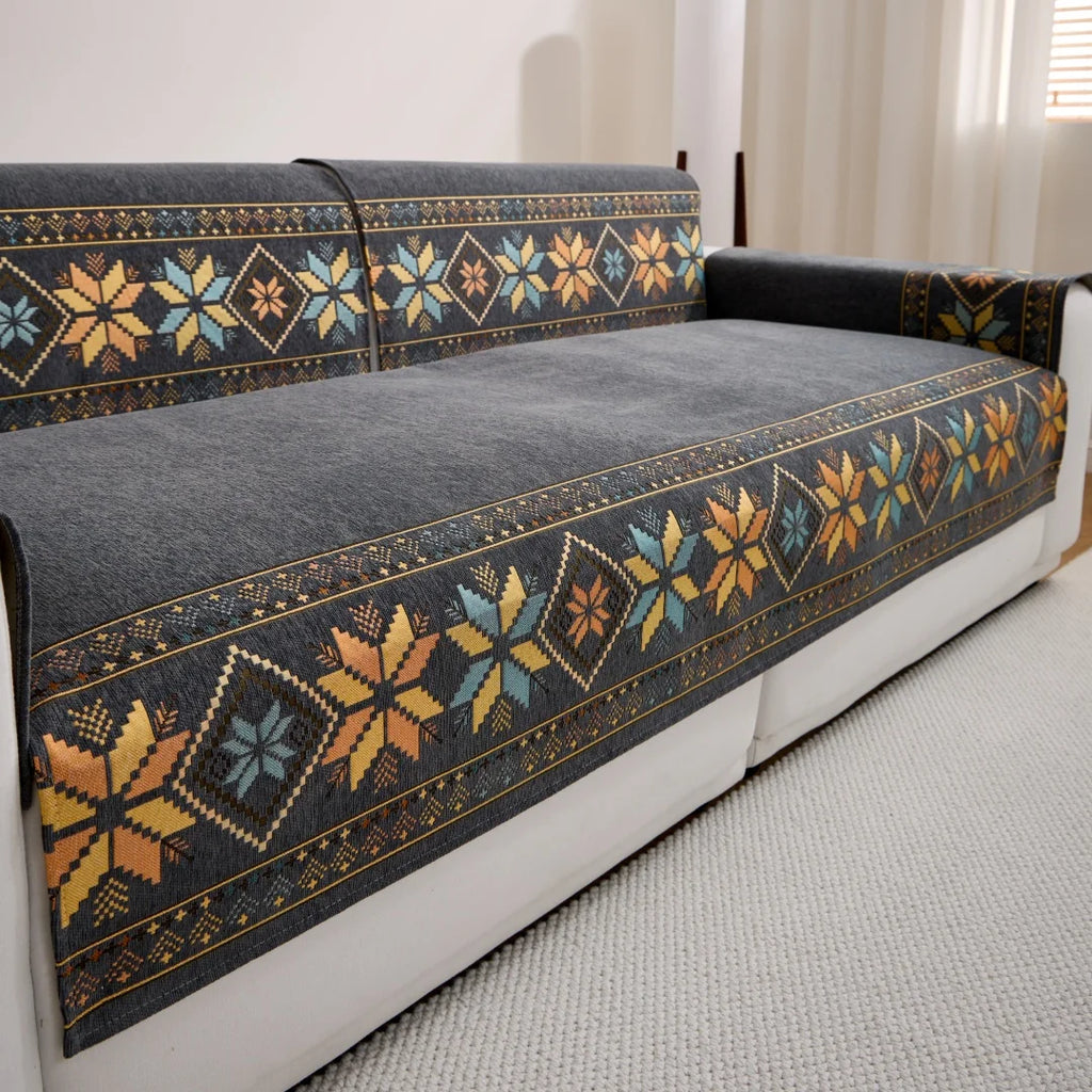 🛋️🌿🤍 Boho Jacquard Chenille Sofa Cover – All-Season Couch Throw & Furniture Protector