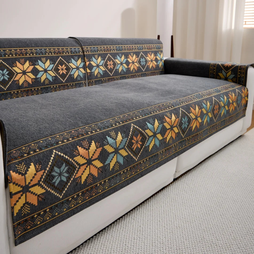 🛋️🌿🤍 Boho Jacquard Chenille Sofa Cover – All-Season Couch Throw & Furniture Protector