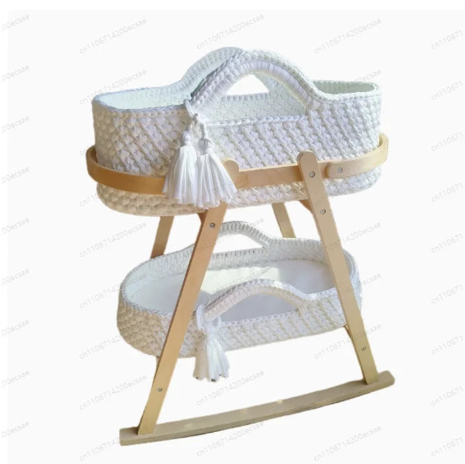 🤍🌿 Handwoven Crochet Moses Basket – Boho Baby Bassinet with Wooden Stand