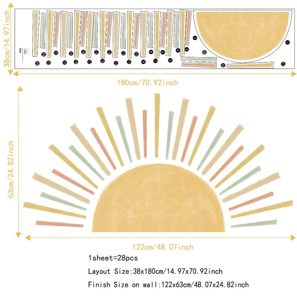 ☀️🌿🤍 Boho Half Sun Wall Decal – Peel & Stick Nursery & Bedroom Wall Art