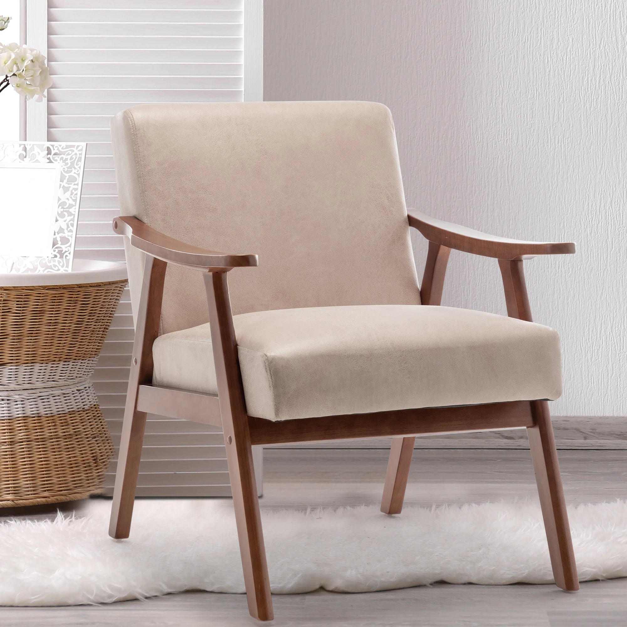 🤍🪑 Boho Mid-Century Accent Chair – Solid Wood Lounge Chair with Wingback Design