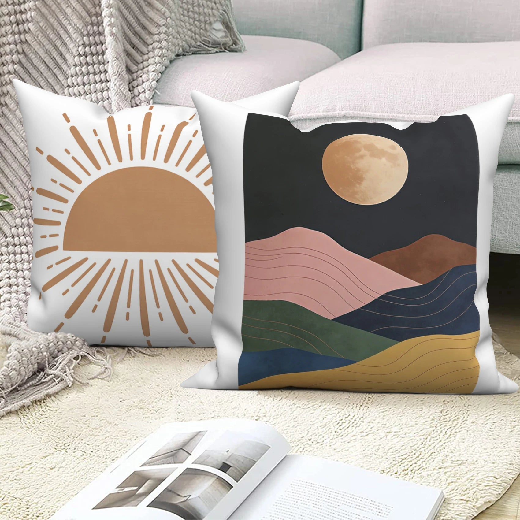 ☀️🌙🏔️ Boho Sun, Moon & Mountain Pillow Cover Set – Modern Abstract Throw Cushions (Set of 4)
