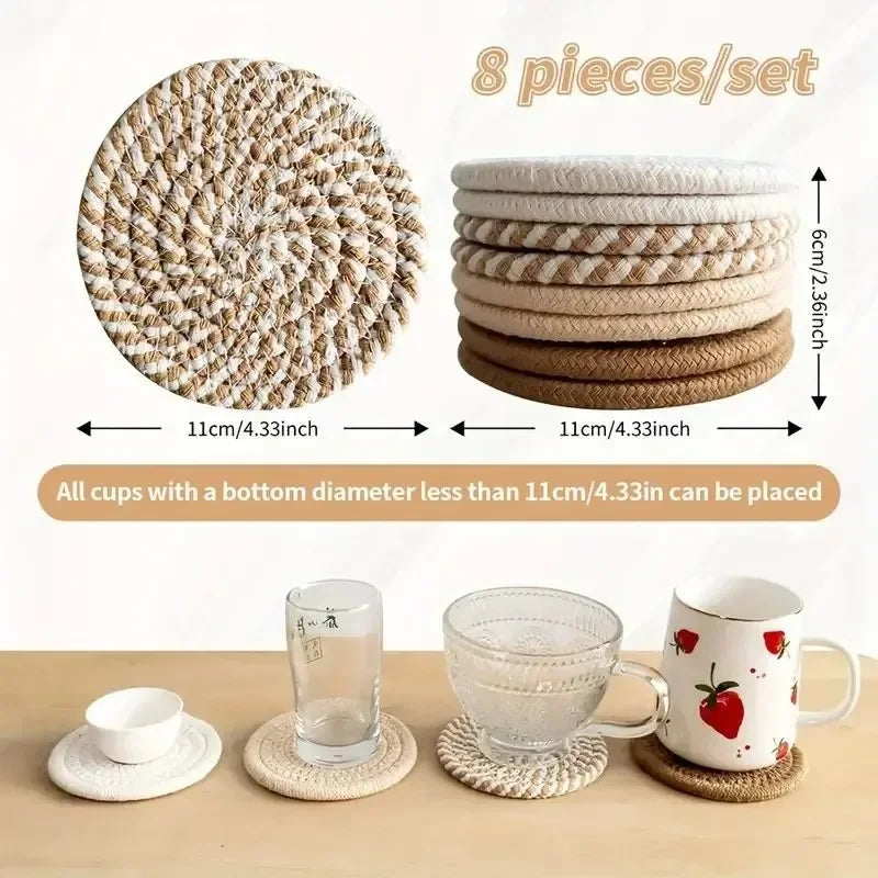 ☕🌿🤍 Boho Woven Cotton Coasters – Absorbent Drink Coasters (Set of 8)