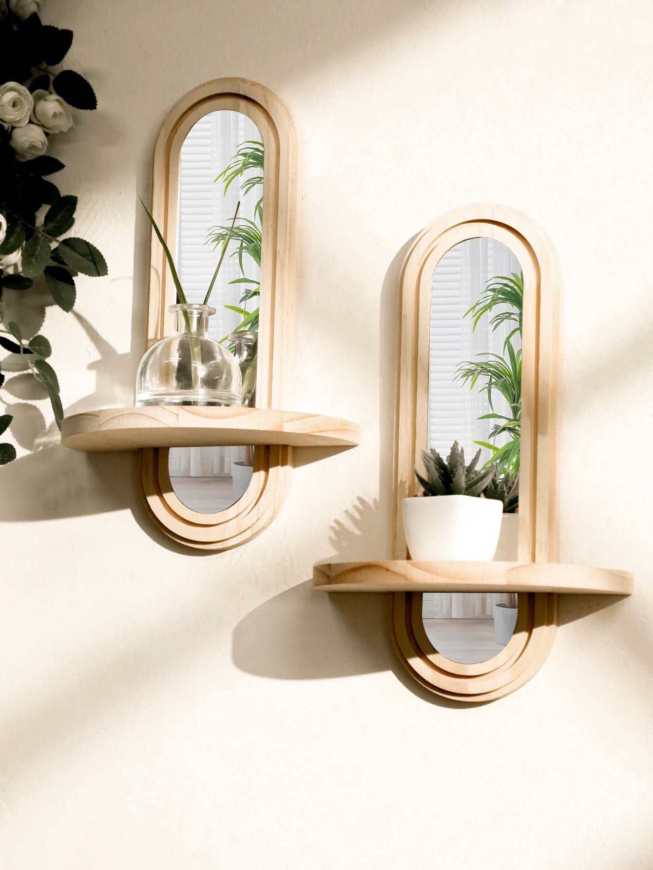 🌿🪞🤍 Boho Wooden Wall Shelf with Mirror – Natural Wood Floating Display Shelf