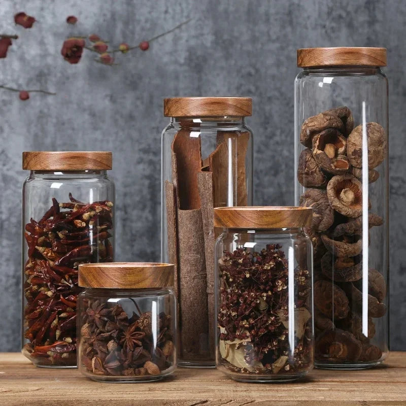 🌿 Airtight Glass Pantry Canister with Wooden Lid – Kitchen Storage Jar