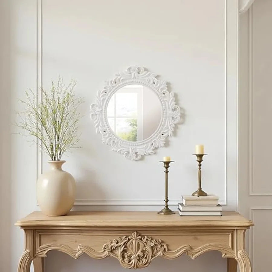 Vintage White Fleur-De-Lis Wall Mirror – Distressed Round Wood Accent Mirror