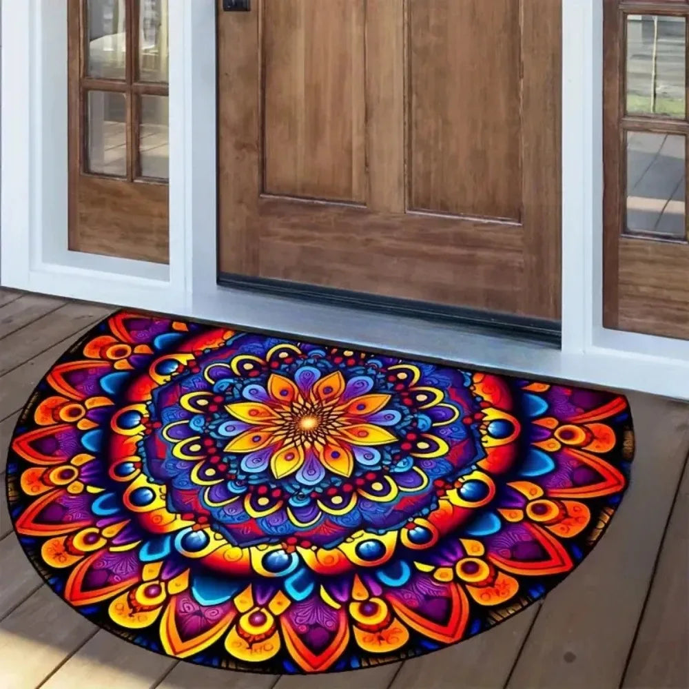 🌸🤍 Boho Half-Moon Doormat – Washable Non-Slip Entryway Rug