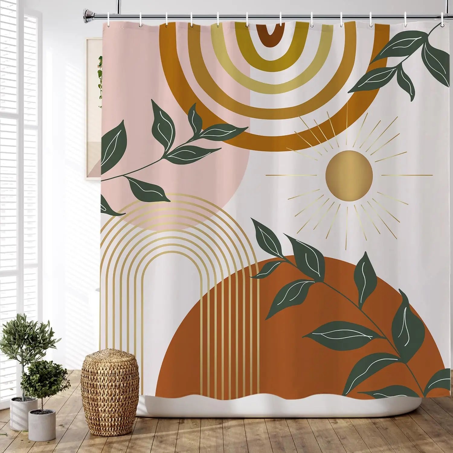🚿🌿 Mid-Century Boho Geometric Shower Curtain – Waterproof Bathroom Décor