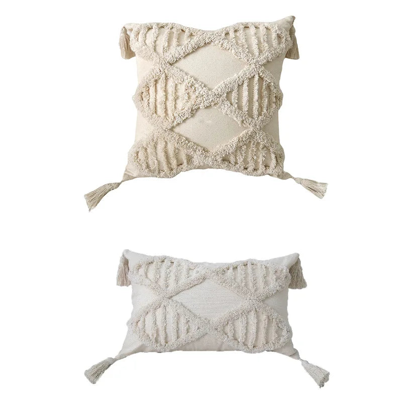 🌿🤍 Boho Tufted Lumbar Pillow Cover – Moroccan Embroidered Accent Cushion