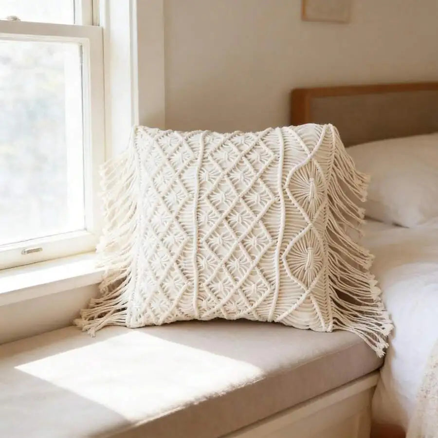 🌿🤍 Handwoven Macramé Tassel Pillow Cover – Boho Decorative Cushion