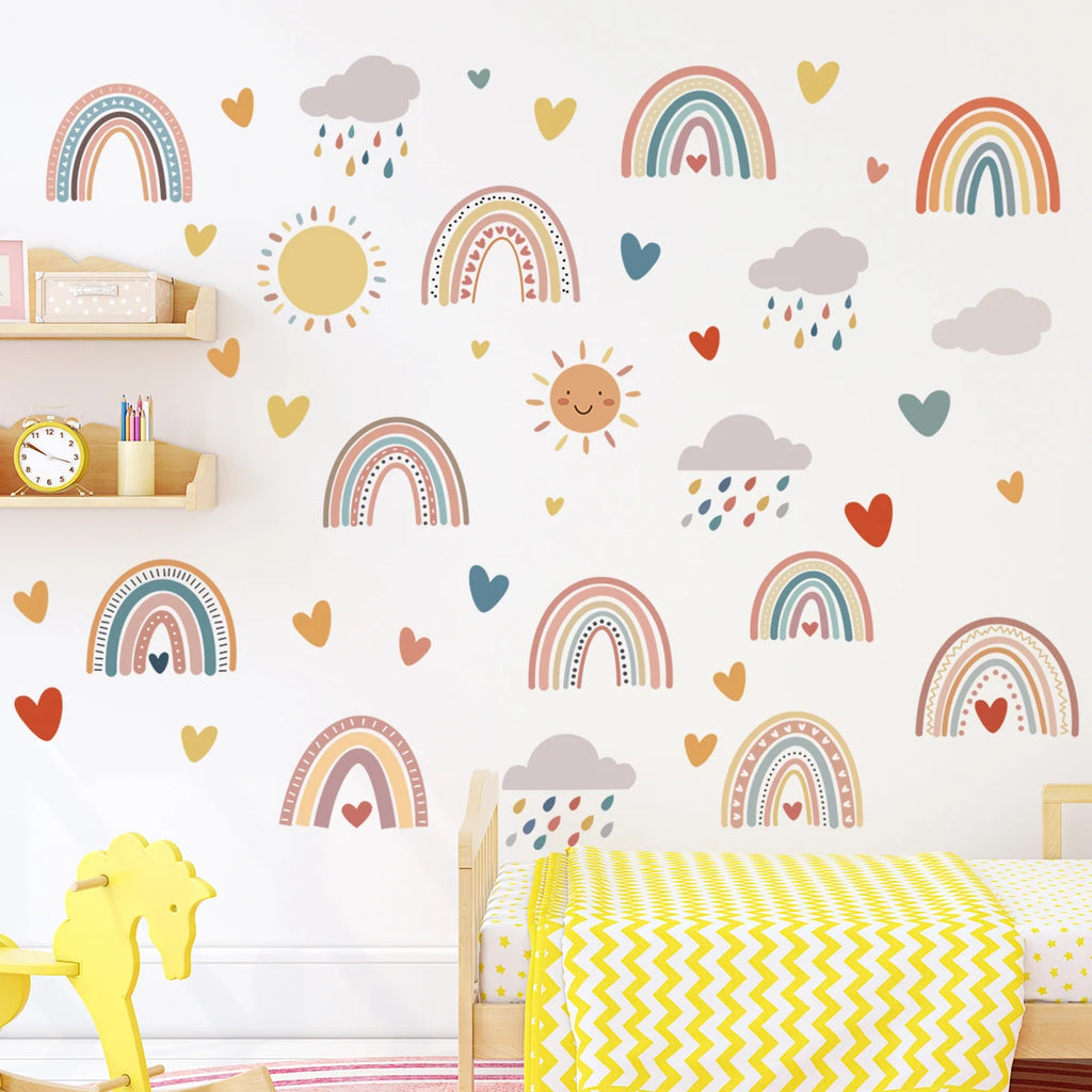 🌈☀️🤍 Boho Rainbow & Sun Wall Decals – Peel & Stick Nursery Wall Art (Set of 3)