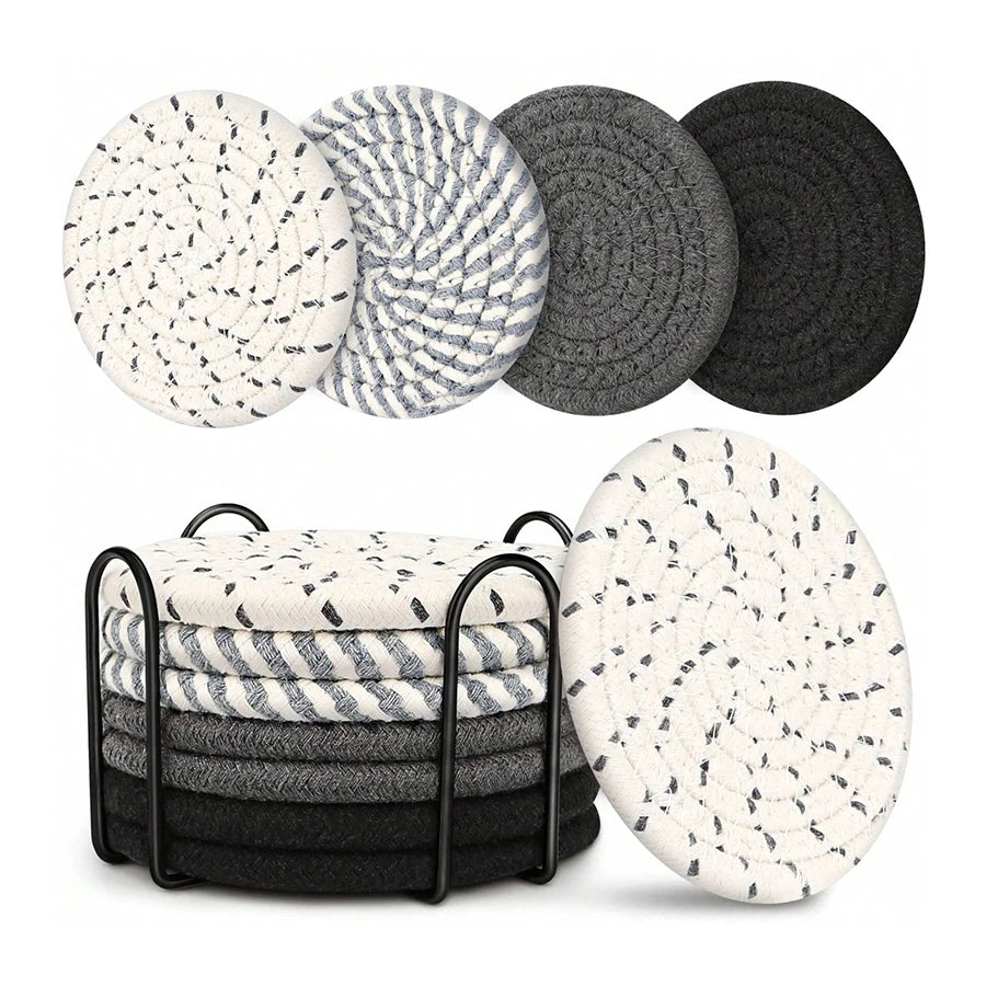 ☕🌿🤍 Boho Woven Cotton Coasters – Absorbent Drink Coasters (Set of 8)