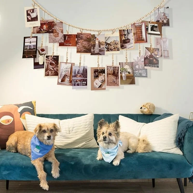 📸🌿🤍 Boho Wooden Bead Photo Garland – Hanging Wall Display with Photo Clips