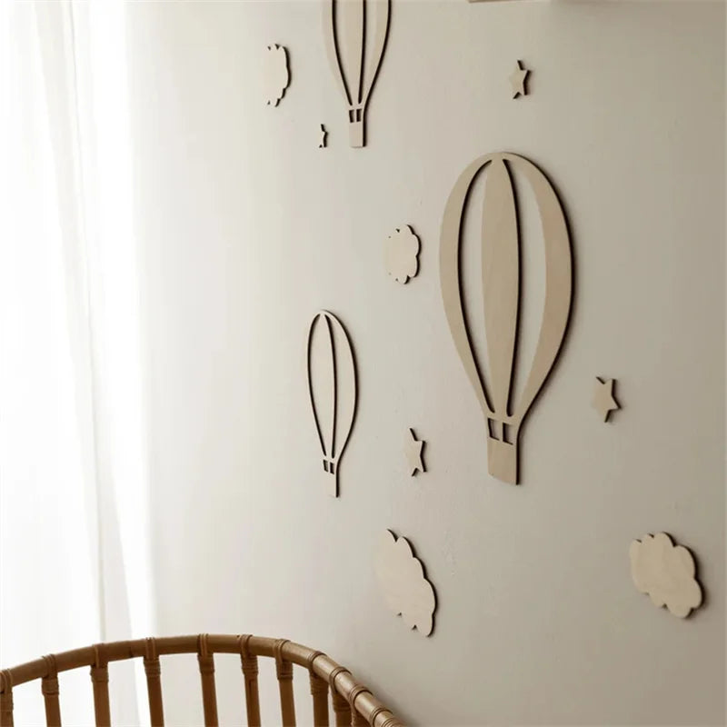 ☁️🎈 Wooden Hot Air Balloon Wall Décor Set – Nursery & Kids Room Wall Art (13 Pieces)