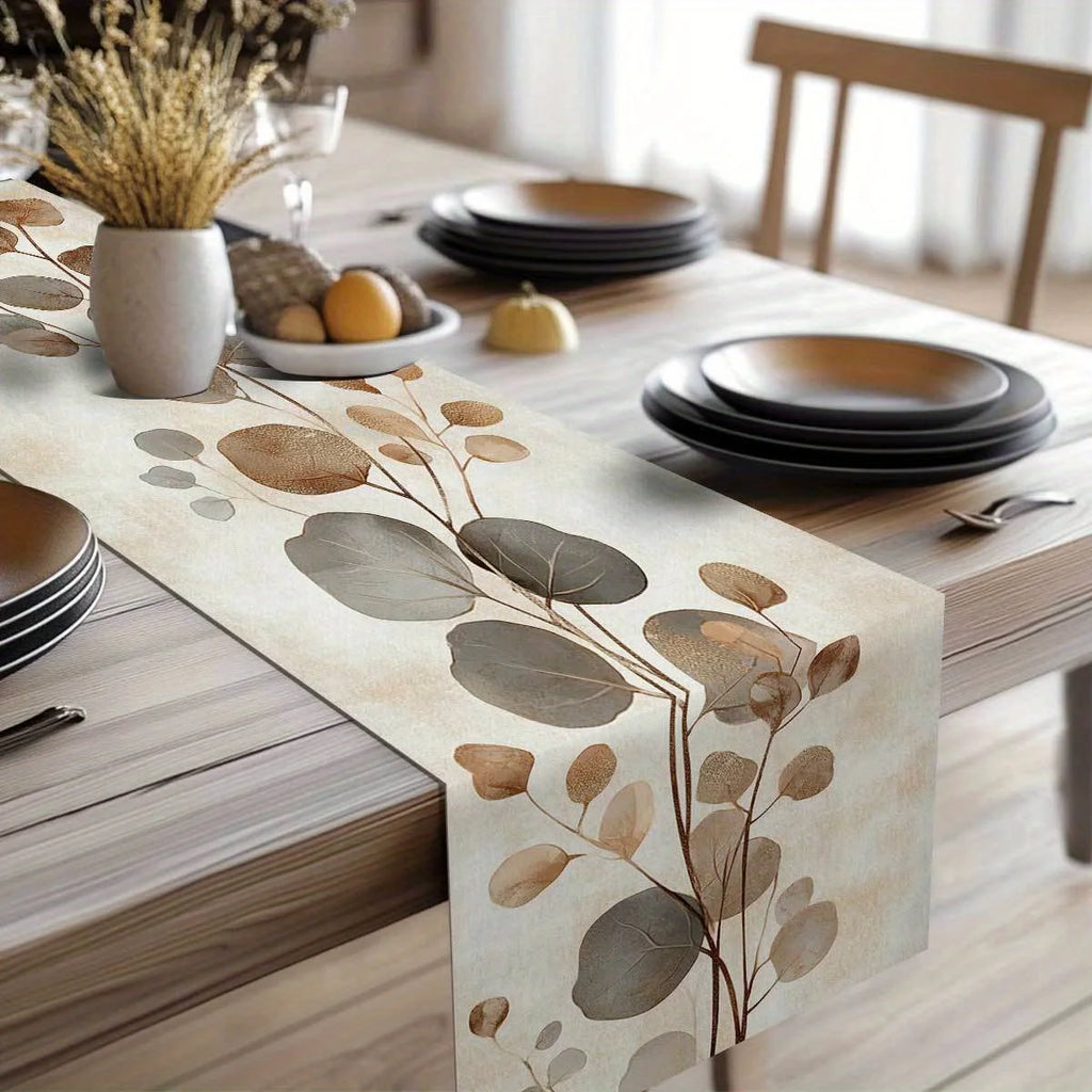 🌿🤍 Boho Eucalyptus Table Runner – Linen Botanical Dining Table Décor