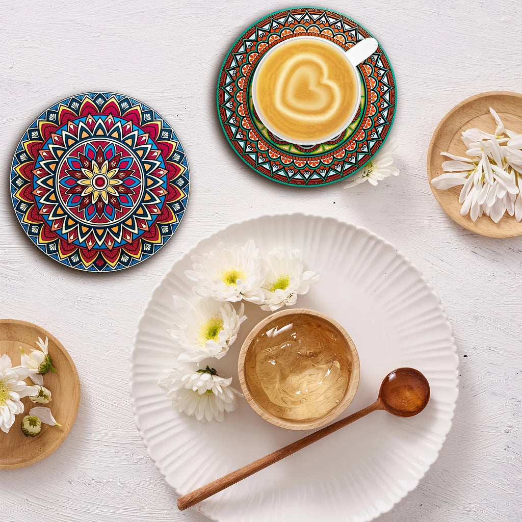 ✨ Wooden Mandala Coaster Set – Boho Drink Coasters for Home & Entertaining (Set of 8)