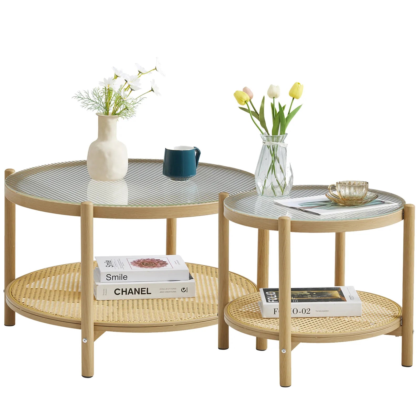 Rattan & Glass Table Set – Boho Coffee & Side Tables (Set of 2)